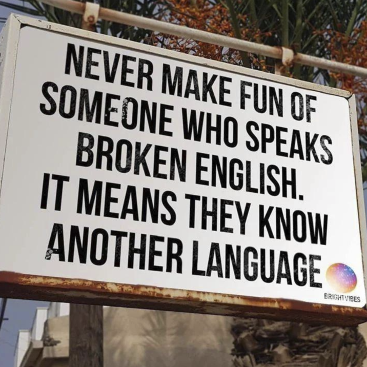 NEVER MAKE FUN OF SOMEONE WHO SPEAKS BROKEN ENGLISH. IT MEANS THEY KNOW ANOTHER LANGUAGE BRIGHTVIBES