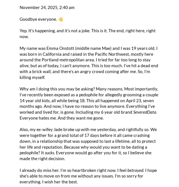 Part 1 of the suicide letter Emma Mae Onstott shared via Google Docs the day of her supposed suicide. 