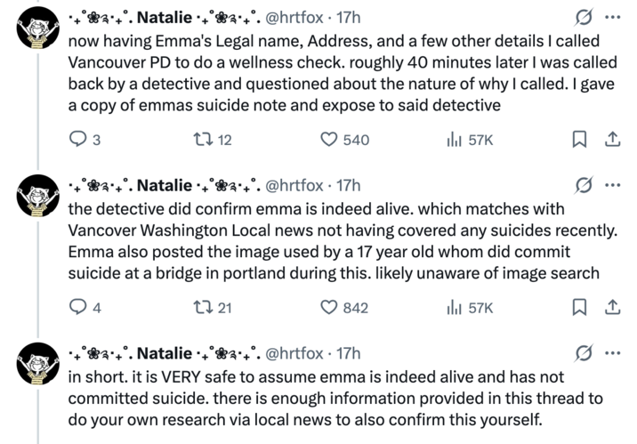 X user @hrtfox posted a thread supposedly proving Emma Onstott's death hoax by using posts from her YouTube channel to locate her hometown, deadname and voter registration information, and asking her hometown PD to do a wellness check on her.