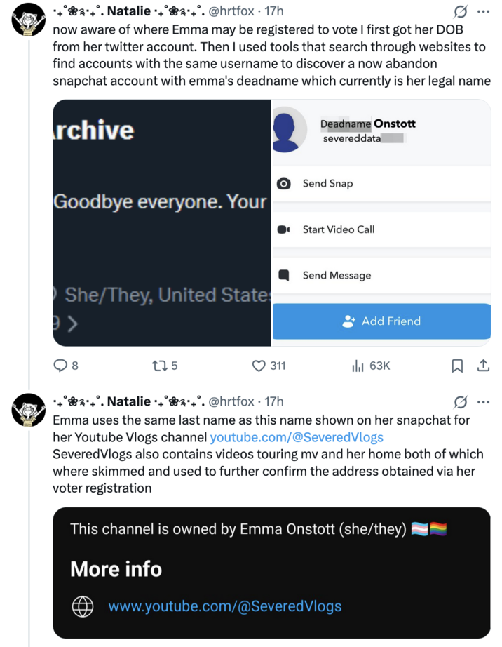 X user @hrtfox posted a thread supposedly proving Emma Onstott's death hoax by using posts from her YouTube channel to locate her hometown.