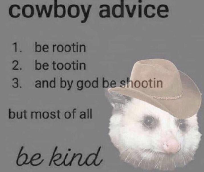 cowboy advice 1. be rootin 2. be tootin 3. and by god be shootin but most of all be kind