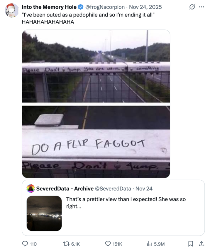 X user @frogNscorpion posted an image that shows the words "Do a flip f--got" scrawled on the side of a bridge in response to @SeveredData's post.