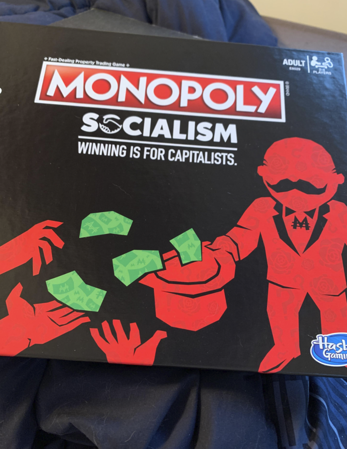 ADULT & E8029 2-4 PLAYERS BRAND Fast-Dealing Property Trading Game MONOPOLY SOCIALISM WINNING IS FOR CAPITALISTS. AA M M A M M Hast Gamu