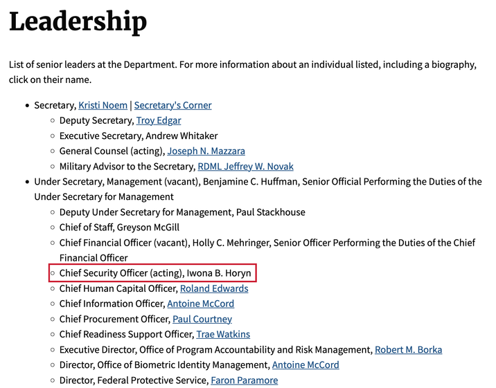 Iwona B. Horyn's name appears on the "Leadership" page of the official Department of Homeland Security website as "(acting) Chief Security Officer."