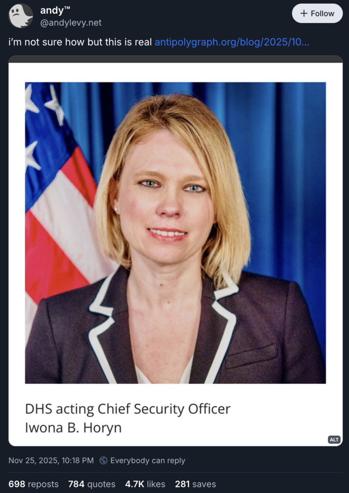 Bluesky user @andylevy.net tweeted, "i’m not sure how but this is real," alongside a photo of then-acting DHS Chief of Security Iwona B. Horyn.
