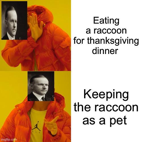 imgflip.com Eating a raccoon for thanksgiving dinner Keeping the raccoon as a pet