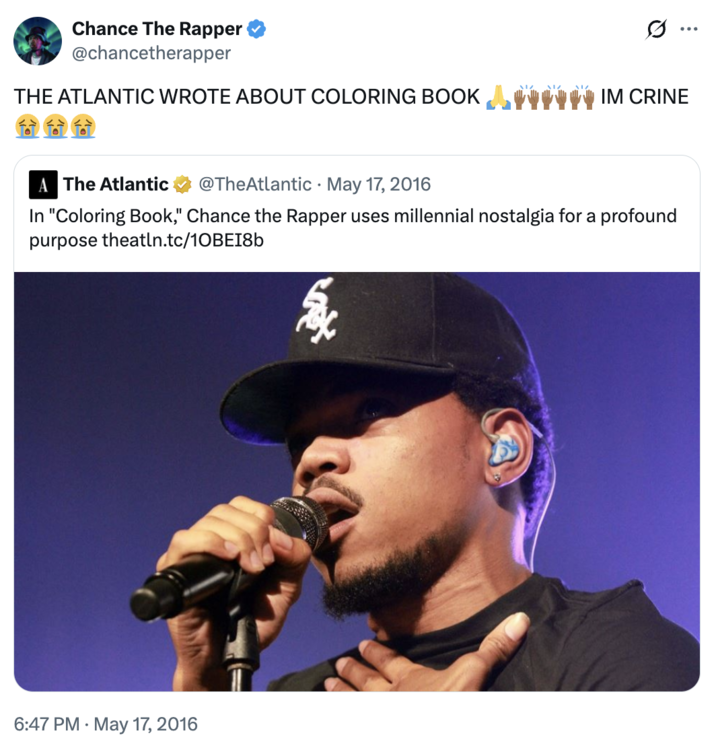A "tweet":https://knowyourmeme.com/memes/sites/twitter-x from "rapper":https://knowyourmeme.com/memes/cultures/rap-hip-hop "Chance the Rapper":https://knowyourmeme.com/memes/people/chance-the-rapper--2, using the "slang":https://knowyourmeme.com/memes/internet-slang word "crine."