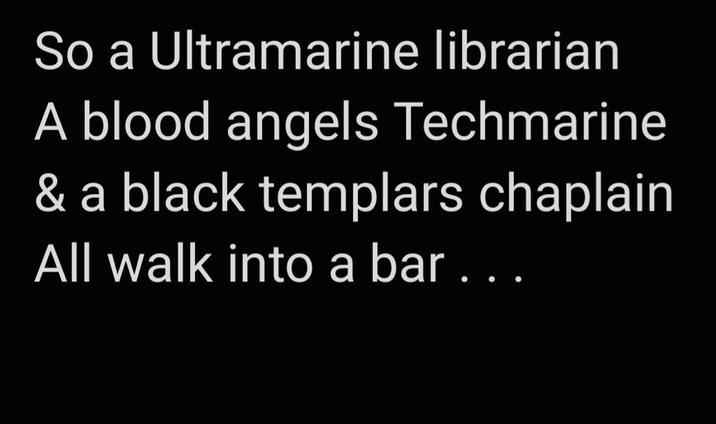 So a Ultramarine librarian A blood angels Techmarine & a black templars chaplain All walk into a bar . . .