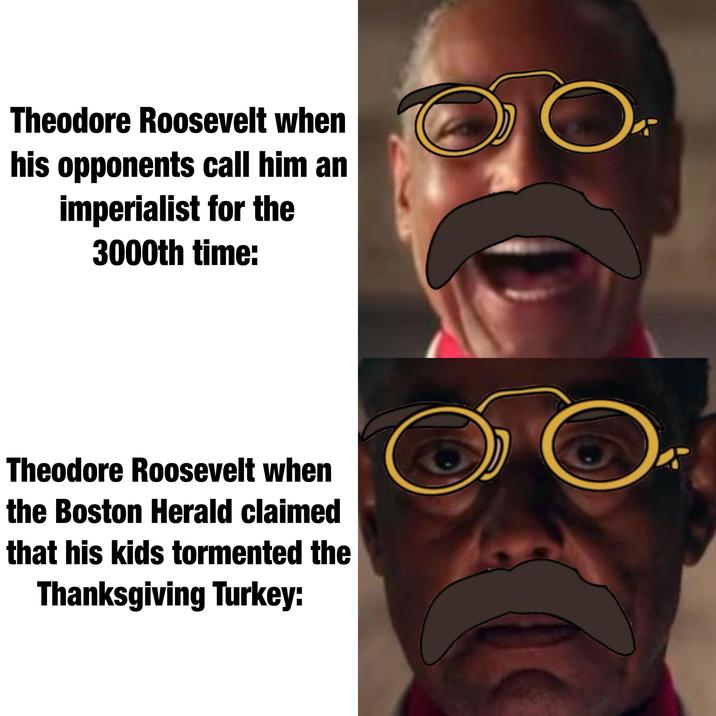 Theodore Roosevelt when his opponents call him an imperialist for the 3000th time: Theodore Roosevelt when the Boston Herald claimed that his kids tormented the Thanksgiving Turkey: