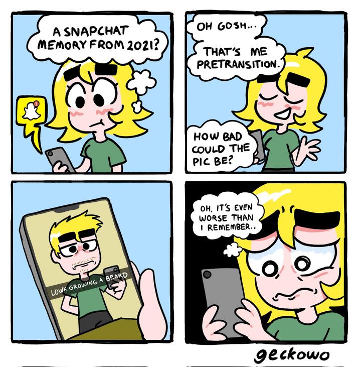 A SNAPCHAT MEMORY FROM 2021? OH GOSH... THAT'S ME PRETRANSITION. LOWK GROWING A BEARD 3 HOW BAD COULD THE PIC BE? OH, IT'S EVEN WORSE THAN I REMEMBER.. geckowo