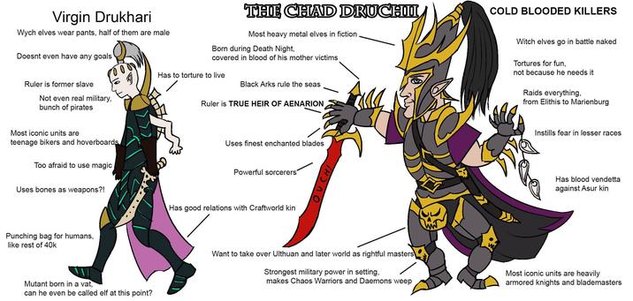 THE CHAD DRUCHII COLD BLOODED KILLERS Most heavy metal elves in fiction Virgin Drukhari Wych elves wear pants, half of them are male Doesnt even have any goals Born during Death Night, covered in blood of his mother victims Ruler is former slave Not even real military, bunch of pirates Most iconic units are teenage bikers and hoverboards Too afraid to use magic Uses bones as weapons?! Punching bag for humans, like rest of 40k Mutant born in a vat, can he even be called elf at this point? Has to torture to live Black Arks rule the seas Ruler is TRUE HEIR OF AENARION Uses finest enchanted blades Powerful sorcerers Has good relations with Craftworld kin CH! Witch elves go in battle naked Tortures for fun, not because he needs it Raids everything, from Elithis to Marienburg Instills fear in lesser races Has blood vendetta against Asur kin Want to take over Ulthuan and later world as rightful masters Strongest military power in setting, makes Chaos Warriors and Daemons weep Most iconic units are heavily armored knights and blademasters