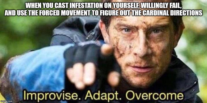 WHEN YOU CAST INFESTATION ON YOURSELF, WILLINGLY FAIL, AND USE THE FORCED MOVEMENT TO FIGURE OUT THE CARDINAL DIRECTIONS imgflip.com Improvise. Adapt. Overcome
