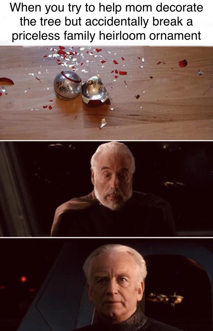 When you try to help mom decorate the tree but accidentally break a priceless family heirloom ornament