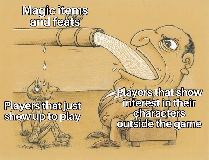 Magic items and feats Players that just show up to play Players that show interest in their characters outside the game BAYSAL