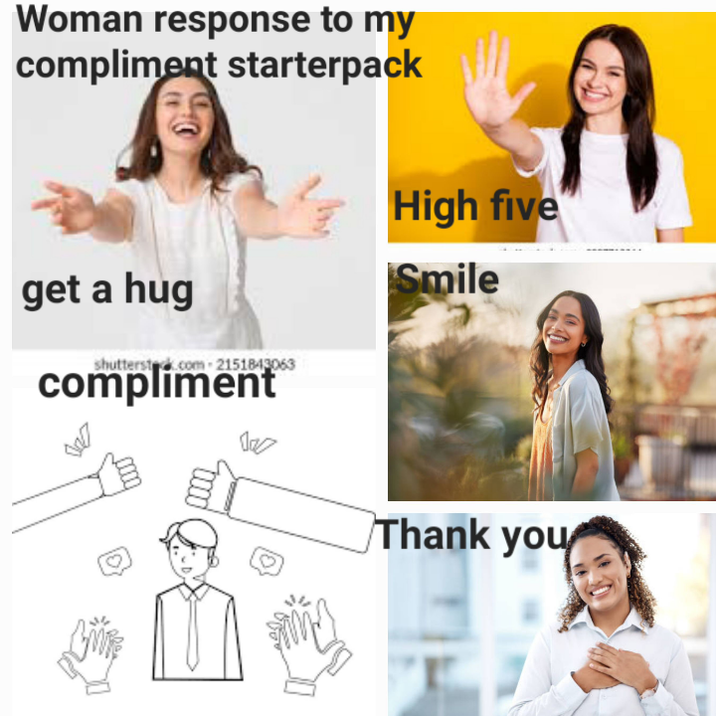 Woman response to my compliment starterpack get a hug shutterste.com-2151843063 compliment Ого High five Smile Thank you