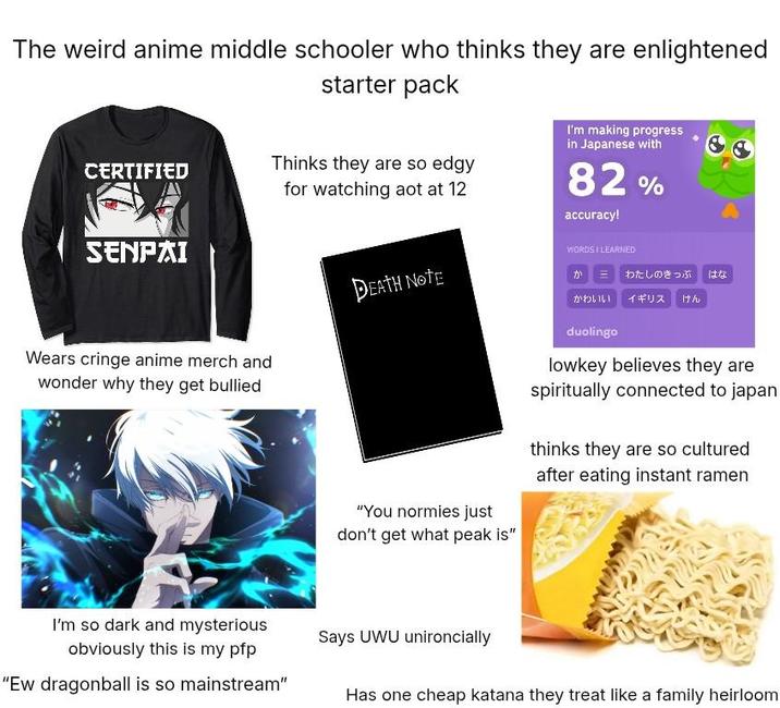 The weird anime middle schooler who thinks they are enlightened starter pack Thinks they are so edgy CERTIFIED for watching aot at 12 SENPAI I'm making progress in Japanese with 82% accuracy! WORDS I LEARNED Wears cringe anime merch and wonder why they get bullied DEATH NOTE かわいいイギリス かわたしのきっぷ Ith はな "You normies just don't get what peak is" duolingo lowkey believes they are spiritually connected to japan thinks they are so cultured after eating instant ramen I'm so dark and mysterious obviously this is my pfp "Ew dragonball is so mainstream" Says UWU unironcially Has one cheap katana they treat like a family heirloom