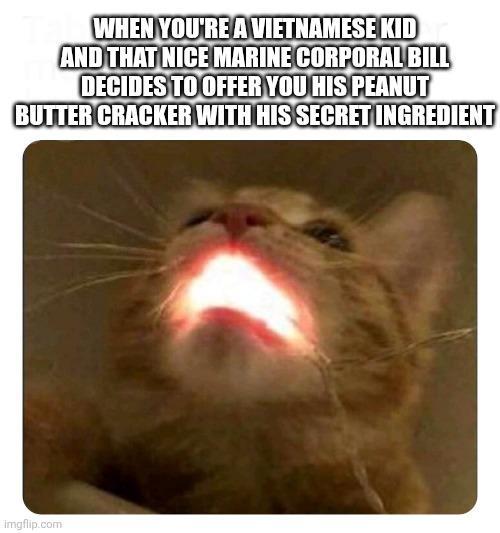 WHEN YOU'RE A VIETNAMESE KID AND THAT NICE MARINE CORPORAL BILL DECIDES TO OFFER YOU HIS PEANUT BUTTER CRACKER WITH HIS SECRET INGREDIENT imgflip.com