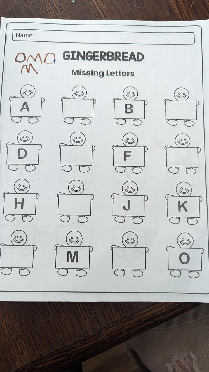 Name: OMO GINGERBREAD M Missing Letters A H M B F K