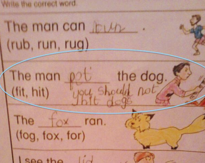 Write the correct word. The man can oun. (rub, run, rug) The man pot the dog. (fit, hit) you should not Thit dogs The fox ran. (fog, fox, for) see the