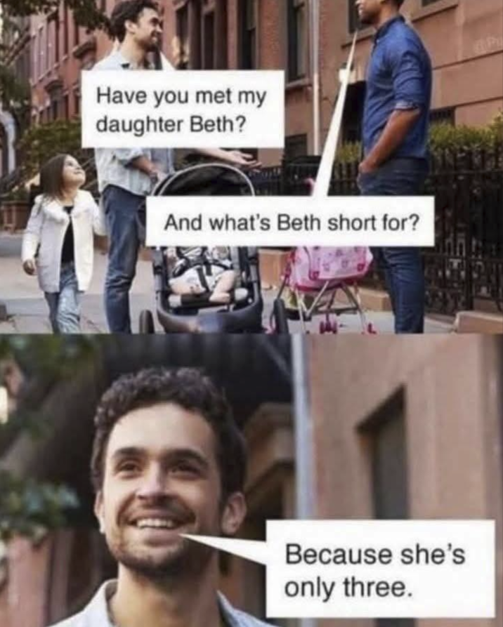 Have you met my daughter Beth? And what's Beth short for? Because she's only three.