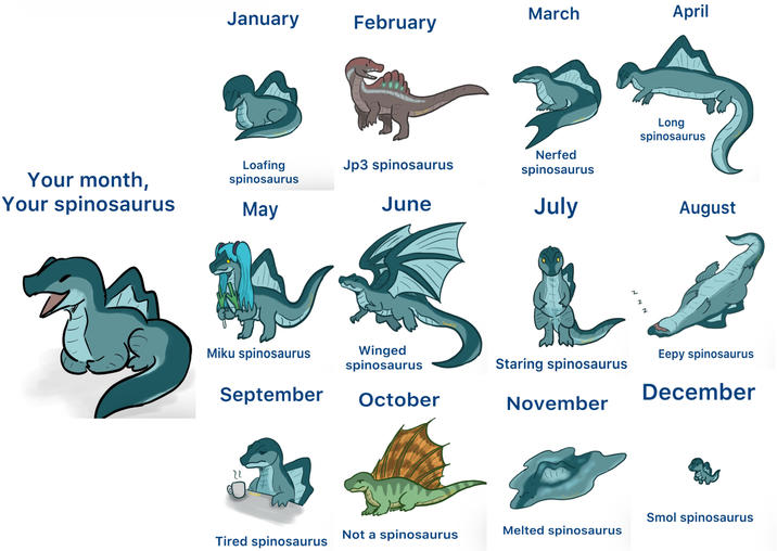 Your month, Your spinosaurus March April January February Long spinosaurus Loafing spinosaurus Jp3 spinosaurus Nerfed spinosaurus May June July August Miku spinosaurus September Winged spinosaurus October 22 Staring spinosaurus November Eepy spinosaurus December Smol spinosaurus Melted spinosaurus Not a spinosaurus Tired spinosaurus