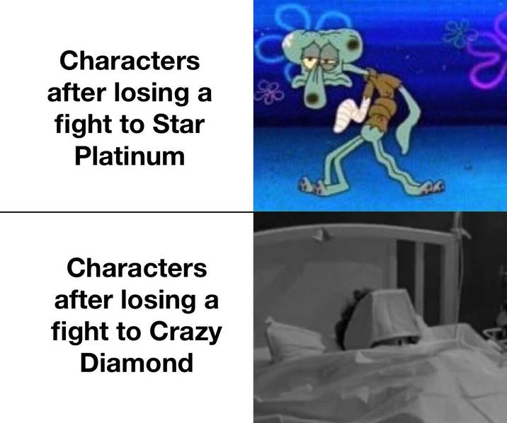 Characters after losing a fight to Star Platinum Characters after losing a fight to Crazy Diamond