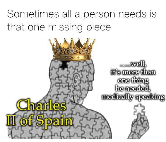 Sometimes all a person needs is that one missing piece Charles II of Spain ...well, it's more than one thing he needed, medically speaking