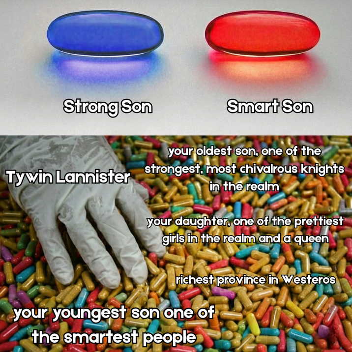 Strong Son Smart Son your oldest son, one of the Tywin Lannister strongest, most chivalrous knights in the realm your daughter, one of the prettiest girls in the realm and a queen richest province in Westeros your youngest son one of the smartest people