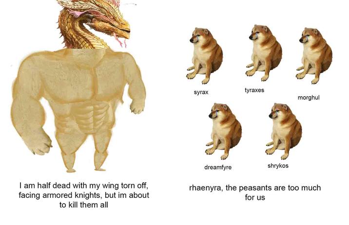 tyraxes syrax morghul I am half dead with my wing torn off, facing armored knights, but im about to kill them all dreamfyre shrykos rhaenyra, the peasants are too much. for us