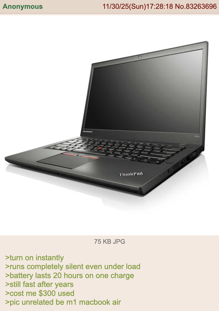 Anonymous lenovo 11/30/25(Sun)17:28:18 No.83263696 ThinkPad 75 KB JPG >turn on instantly >runs completely silent even under load >battery lasts 20 hours on one charge >still fast after years >cost me $300 used >pic unrelated be m1 macbook air T450