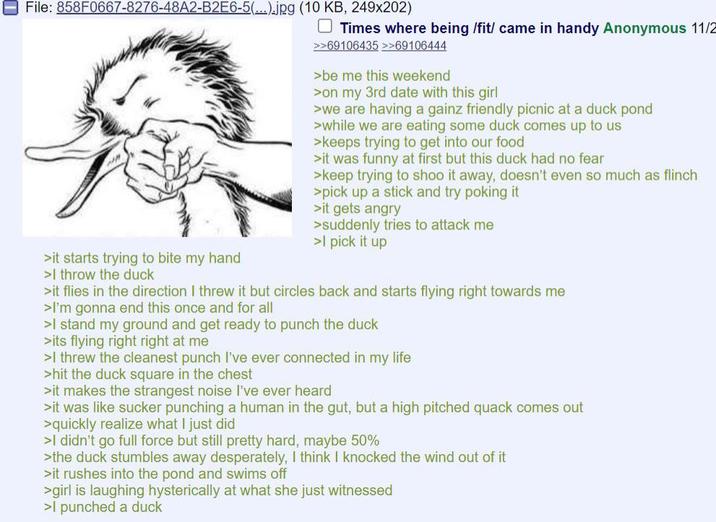 File: 858F0667-8276-48A2-B2E6-5(...).jpg (10 KB, 249x202) Times where being /fit/ came in handy Anonymous 11/2 >>69106435 >>69106444 >be me this weekend >on my 3rd date with this girl >we are having a gainz friendly picnic at a duck pond >while we are eating some duck comes up to us >keeps trying to get into our food >it was funny at first but this duck had no fear >keep trying to shoo it away, doesn't even so much as flinch >pick up a stick and try poking it >it gets angry >suddenly tries to attack me >I pick it up >it starts trying to bite my hand >I throw the duck >it flies in the direction I threw it but circles back and starts flying right towards me >I'm gonna end this once and for all >I stand my ground and get ready to punch the duck >its flying right right at me >I threw the cleanest punch I've ever connected in my life >hit the duck square in the chest >it makes the strangest noise I've ever heard >it was like sucker punching a human in the gut, but a high pitched quack comes out >quickly realize what I just did >I didn't go full force but still pretty hard, maybe 50% >the duck stumbles away desperately, I think I knocked the wind out of it >it rushes into the pond and swims off >girl is laughing hysterically at what she just witnessed >I punched a duck