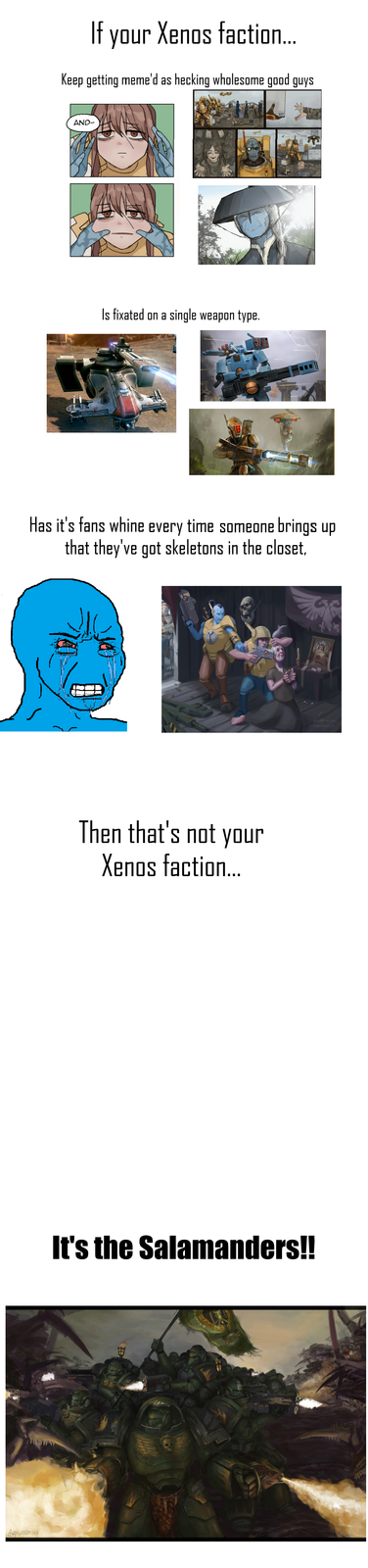 If your Xenos faction... Keep getting meme'd as hecking wholesome good guys AND- Is fixated on a single weapon type. Has it's fans whine every time someone brings up that they've got skeletons in the closet, Then that's not your Xenos faction... It's the Salamanders!! AwpGoblin 389 田