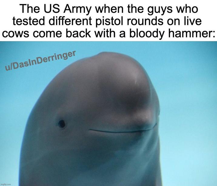 The US Army when the guys who tested different pistol rounds on live cows come back with a bloody hammer: u/DasInDerringer imgflip.com