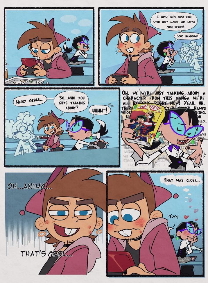 HEEEY GIRLS... So...WHO YOU GUYS TALKING ABOUT? OH...ANIME... THAT'S COOL... I KNOW! HE'S S000 CUTE WITH THAT JACKET AND LITTLE CHIN SCRUFF! Sooo HANDSOME... OH. WE WERE JUST TALKING ABOUT A CHARACTER FROM THIS MANGA WE'RE ALL READING RIGHT NOW! YEAH, UH, HER STED ED HAWKS HING. OR LLLY. UHHH-! THER WHOS He HAN HERO WE 4 SINCE EACH OTHE SAVE THAT WAS CLOSE... Turn