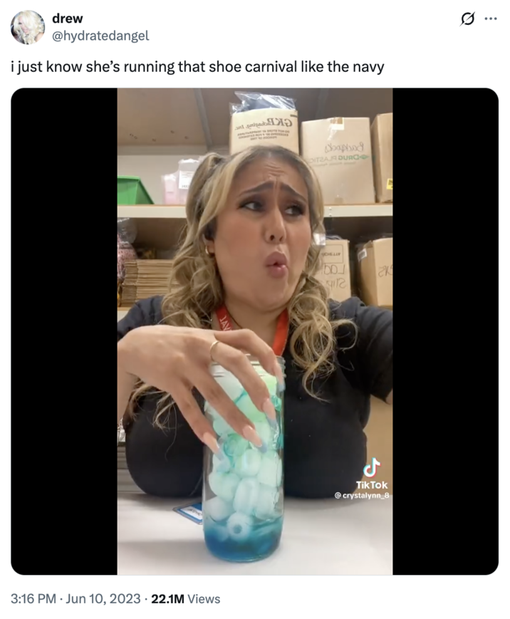 "Twitter / X":https://knowyourmeme.com/memes/sites/twitter-x @hydratedangel "reposted":https://knowyourmeme.com/memes/repost the "TikTok":https://knowyourmeme.com/memes/sites/tiktok video, captioning it, "I just know she's running that shoe carnival like the navy," which riffed on the "I Know She Be Running A McDonald's Like It's The Navy":https://knowyourmeme.com/memes/i-know-she-be-running-a-mcdonalds-like-its-the-navy "catchphrase":https://knowyourmeme.com/memes/cultures/catchphrases.