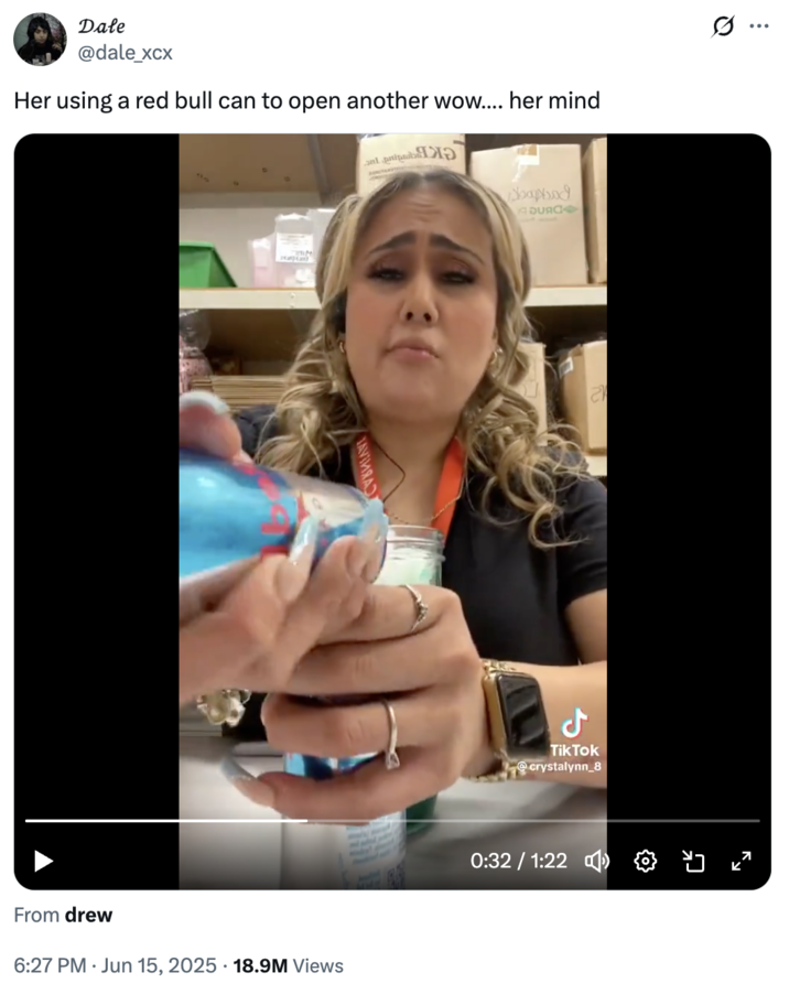 A "tweet":https://knowyourmeme.com/memes/sites/twitter-x that "reposted":https://knowyourmeme.com/memes/repost the Crystalynn_8 Making a Red Bull Drink "viral video":https://knowyourmeme.com/memes/viral-videos from "TikTok":https://knowyourmeme.com/memes/sites/tiktok.