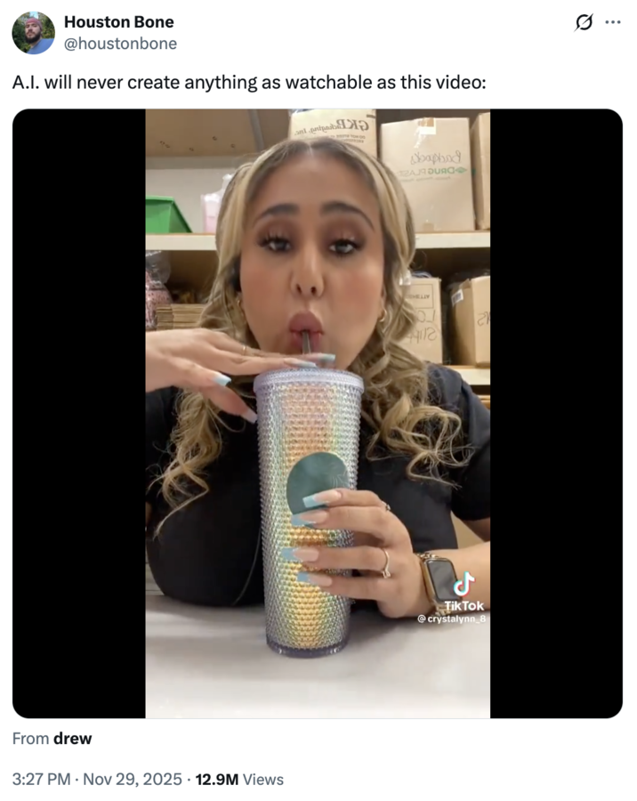 A "tweet":https://knowyourmeme.com/memes/sites/twitter-x that "reposted":https://knowyourmeme.com/memes/repost the Crystalynn_8 Making a Red Bull Drink "viral video":https://knowyourmeme.com/memes/viral-videos from "TikTok":https://knowyourmeme.com/memes/sites/tiktok.