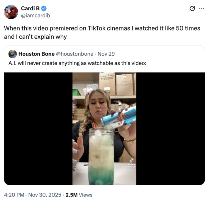 A "tweet":https://knowyourmeme.com/memes/sites/twitter-x from "rapper":https://knowyourmeme.com/memes/cultures/rap-hip-hop "Cardi B":https://knowyourmeme.com/memes/people/cardi-b, who wrote, "When this video premiered on "TikTok":https://knowyourmeme.com/memes/sites/tiktok cinemas I watched it like 50 times and I can’t explain why."