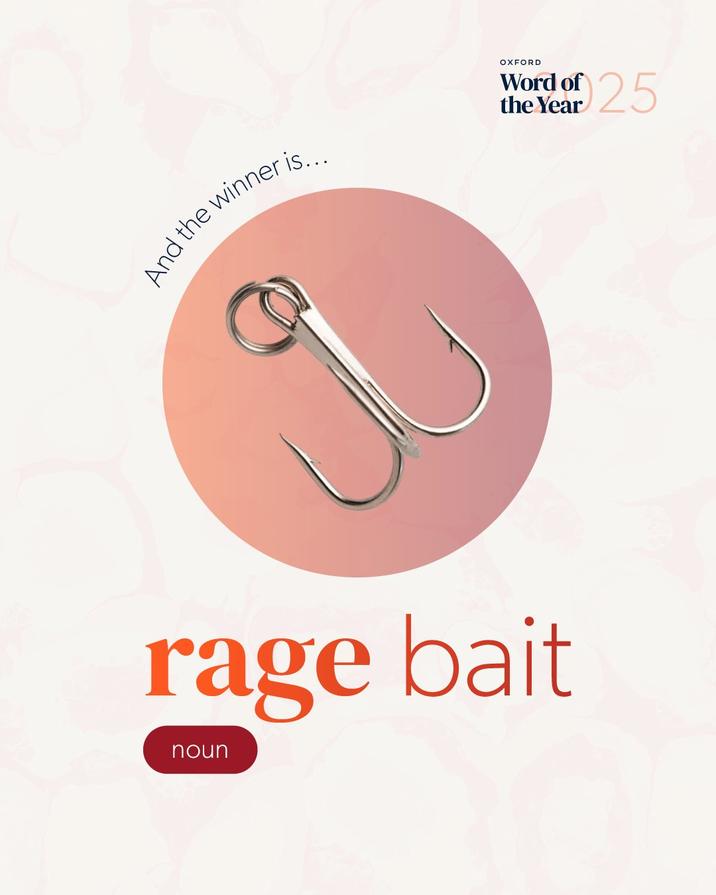 The Oxford University Press announcement post of its 2025 "Word of the Year," which named "rage bait" as its winner.