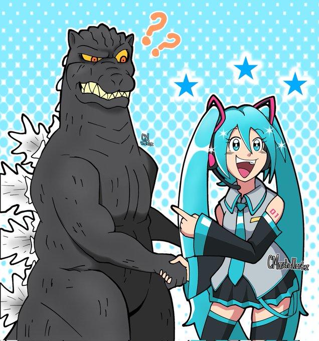 Art by X user @cmarshallartz. The art shows Godzilla and Miku as friends.