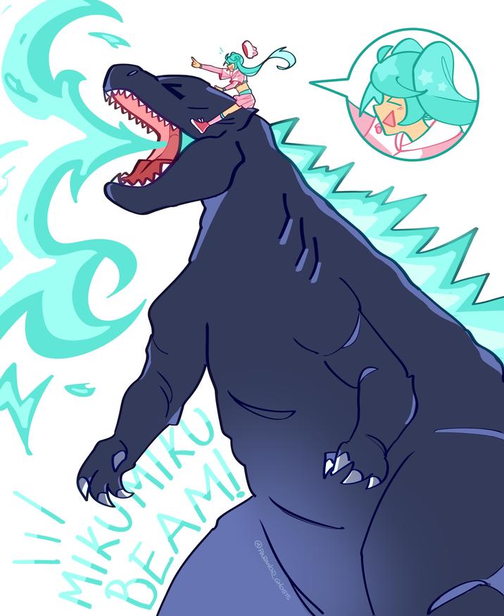 Art by @paranoid_ghosts. The art shows Miku riding Godzilla.