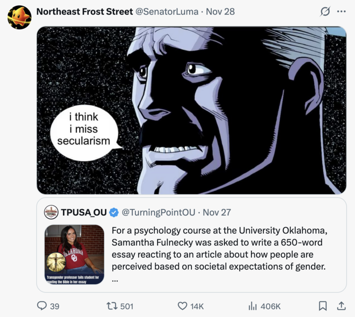 X user @SenatorLuma posted a "I think I miss my wife":https://knowyourmeme.com/memes/i-think-i-miss-my-wife meme that was edited to read, "I think I miss secularism," gathering over 14,000 likes in three days.