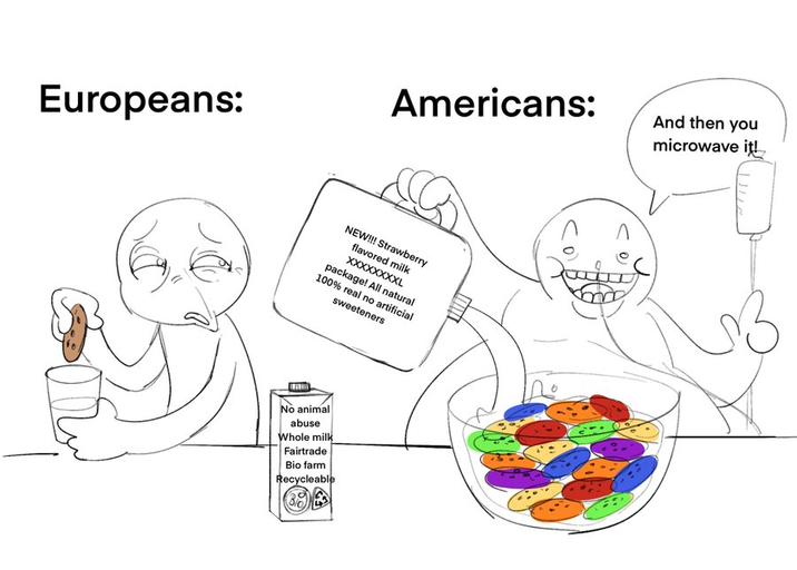 A comic by Catoonz. The comic compares European milk / breakfast to American milk / breakfast, with a bias towards Europe.