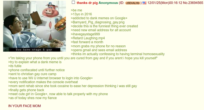 You have stage 5 gay thanks dr pig Anonymous (ID: z5E4ALHb >be me >13yo in 2016 >addicted to dank memes on Google+ >Barnyard Pig_diagnosing_gay.png >decide this is the funniest thing ever created >need new email address for alt account >ihavegaystage999 >Retard Laughing.mp4 >fast forward a month >mom grabs my phone for no reason >opens gmail and sees email address 12/01/25(Mon)00:16:12 No.23694565 >thinks im actually confessing to having terminal homosexuality > "im taking your phone from you until you are cured from gay and if you arent i hope you kill yourself" >try to explain what a dank meme is >its futile >phone confiscated until further notice >sent to christian gay cure camp >have to use Wii U internet browser to login into Google+ >every notification makes the console overheat >mom sent rehab since she took cocaine to ease her depression thinking i was still gay >finally gets phone back >meet cute girl in Google+, now able to talk properly with my phone >as of today shes now my fiance IN YOUR FACE MOM