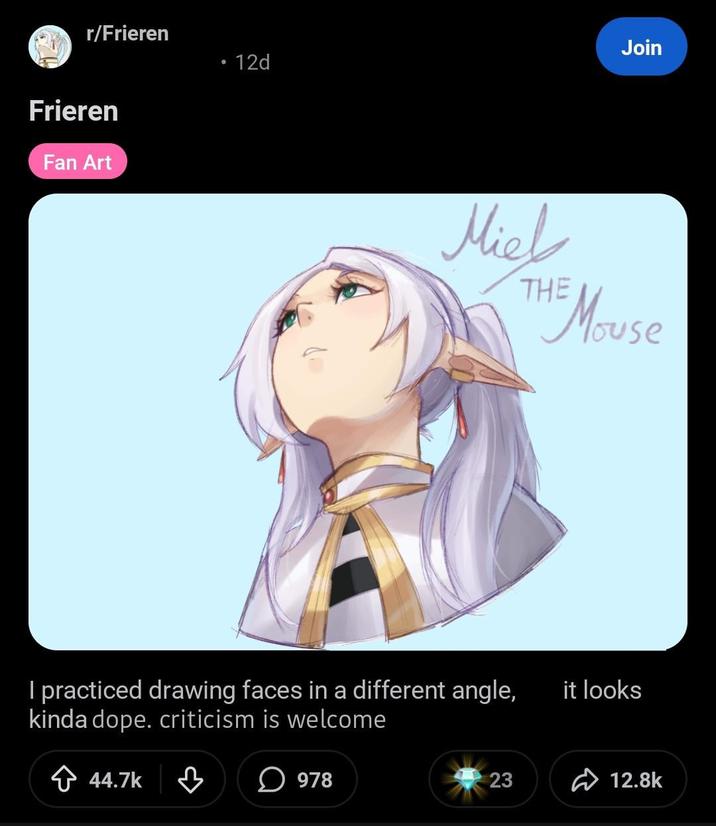 r/Frieren Frieren Fan Art • 12d Join Miel THE HE Mouse I practiced drawing faces in a different angle, kinda dope. criticism is welcome ✩ 44.7k ♡ ☐ 978 it looks 23 12.8k