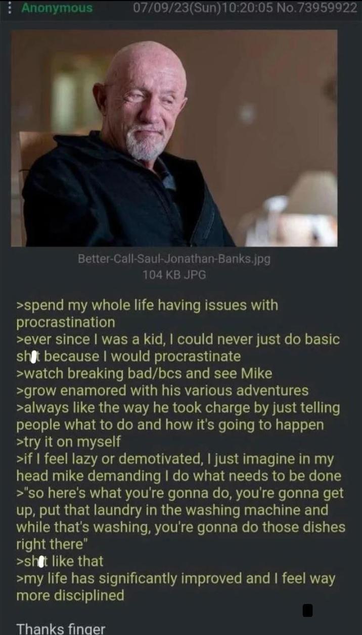 Anonymous 07/09/23(Sun)10:20:05 No.73959922 Better-Call-Saul-Jonathan-Banks.jpg 104 KB JPG >spend my whole life having issues with procrastination >ever since I was a kid, I could never just do basic s--- because I would procrastinate >watch breaking bad/bcs and see Mike >grow enamored with his various adventures >always like the way he took charge by just telling people what to do and how it's going to happen >try it on myself >if I feel lazy or demotivated, I just imagine in my head mike demanding I do what needs to be done >"so here's what you're gonna do, you're gonna get up, put that laundry in the washing machine and while that's washing, you're gonna do those dishes right there" >shot like that >my life has significantly improved and I feel way more disciplined Thanks finger