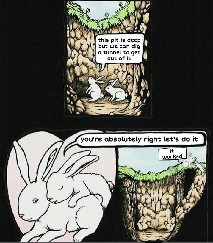 this pit is deep but we can dig a tunnel to get out of it you're absolutely right let's do it it worked