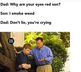 Dad: Why are your eyes red son? Son: I smoke weed Dad: Don't lie, you're crying Code