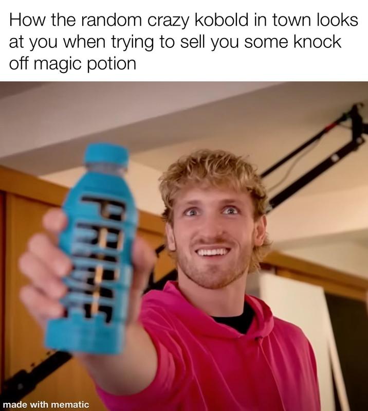 How the random crazy kobold in town looks at you when trying to sell you some knock off magic potion PRIME made with mematic
