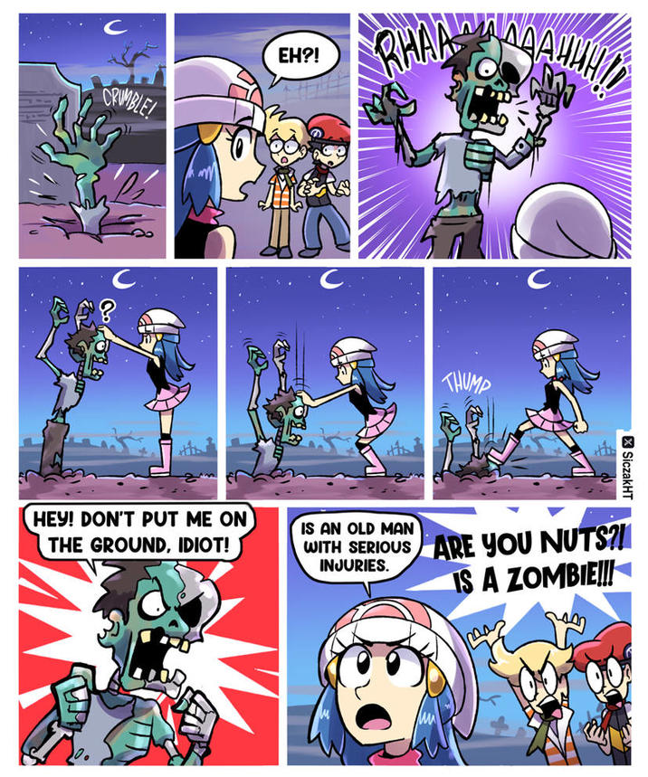 C CRUMBLE! EH?! RHAA THUMP ☑SiczakHT HEY! DON'T PUT ME ON THE GROUND, IDIOT! IS AN OLD MAN WITH SERIOUS ARE YOU NUTS?! IS A ZOMBIE!!! INJURIES.